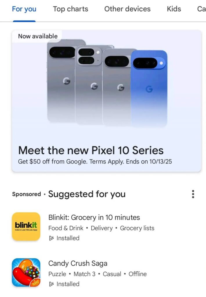 ¿Estrategia o accidente? Google mostró la gama de dispositivos Pixel 10 en la Play Store